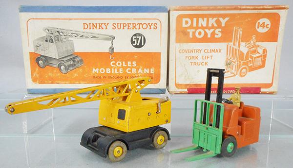 2 DINKY VEHICLES: 571 Coles Mobile Crane, yellow, hook is inside body, 14C Coventry Climax Fork Lift, orange, needs restringing, orig boxes, 1 worn, C6-7.