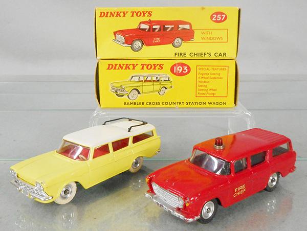 2 DINKY RAMBLERS: 193 Wagon, yellow & white, 257 Fire Chief's Car, red, orig boxes minor wear, C7.