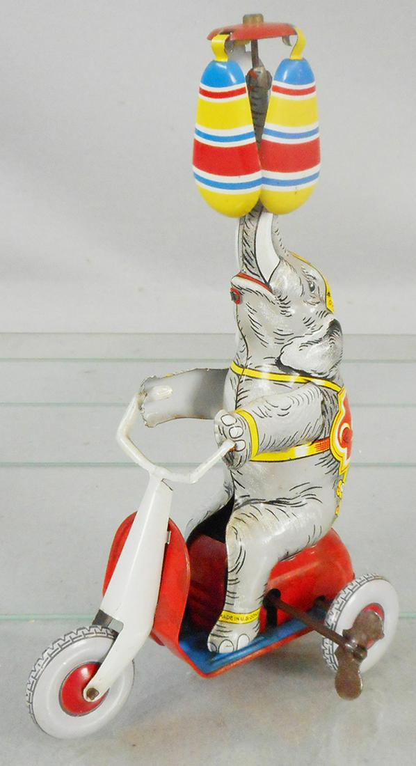 B&S ELEPHANT ON TRICYCLE: litho tin, 8 in tall, made in US Zone Germany, windup working, C8.