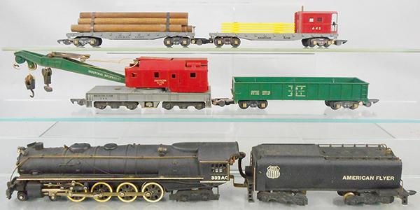 AMERICAN FLYER 5110 TRAIN SET: S ga, 332AC Northern loco & tender w/smoke & choo choo, 644 crane car, 631 T&P gondola, 628 log car, 645 boom car, overall some metal parts have surface oxidation, orig boxes & wrap minor wear, orig s