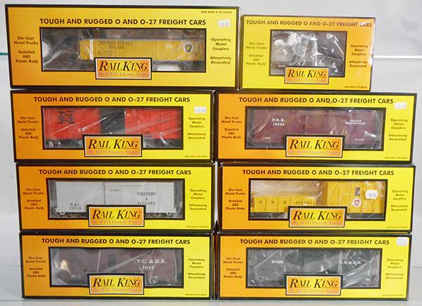 8 MTH RAIL KING FREIGHT CARS: O ga, 7635 flat car, 7218 snow plow, 7949 crane tender, 74026 box car, 7439 box car, 74044 box car, 74244 box car, 74138 box car, orig boxes & inserts, C9.