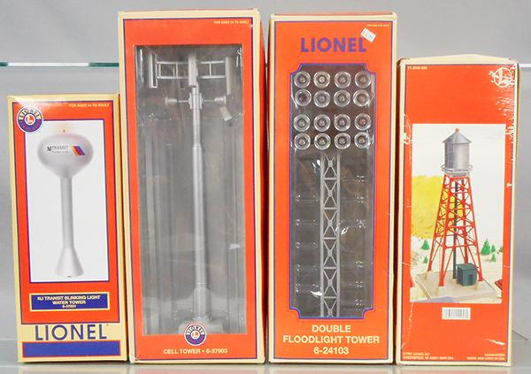 4 LIONEL ACCESSORIES: O ga, 37831 water tower, 12958 water tower, 37903 cell tower, 24103 floodlights, orig boxes & inserts, C8-9.