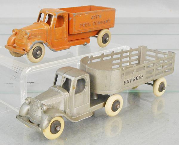 2 TOOTSIETOY MACK TRUCKS: 804 City Fuel Truck, 4-wheel, orange, 801 Express Truck, silver, C5-7.