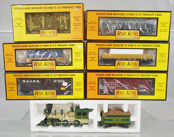LIONEL & MTH RAIL KING 19TH CENTURY SET: O ga, Lionel 8104 UP Golden Arrow loco & tender, Rail King 73253 tank, 7261 gondola, 7114 stock car, 74361 box car, 72053 gondola, 7724 caboose, orig boxes & inserts, C8-9.