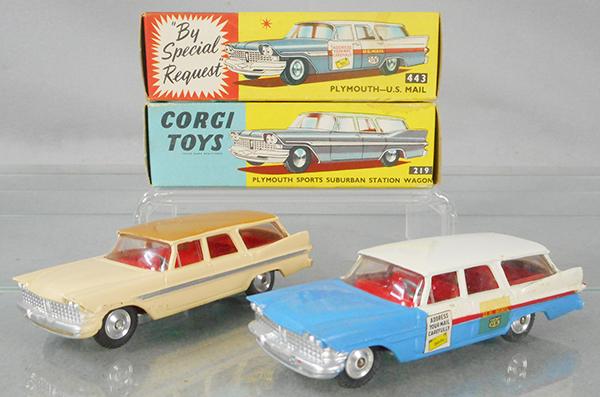 2 CORGI PLYMOUTHS: 219 Station Wagon, beige & brown, 443 US Mail, blue & white, orig boxes, C8-9.