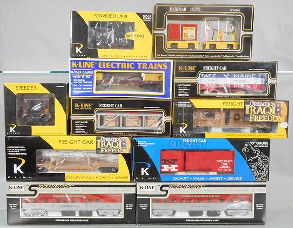 K-LINE TRAIN SET: O ga, 2631-06 US War Dept loco, 641-8018 box car, 90012 vat car, 2625-01 handcar, 2628-01 speeder, 90013 IC box car, 646-1791 box car, 662-8021 missile carrier, 4532-4301 coach, 4532-3368 coach, orig