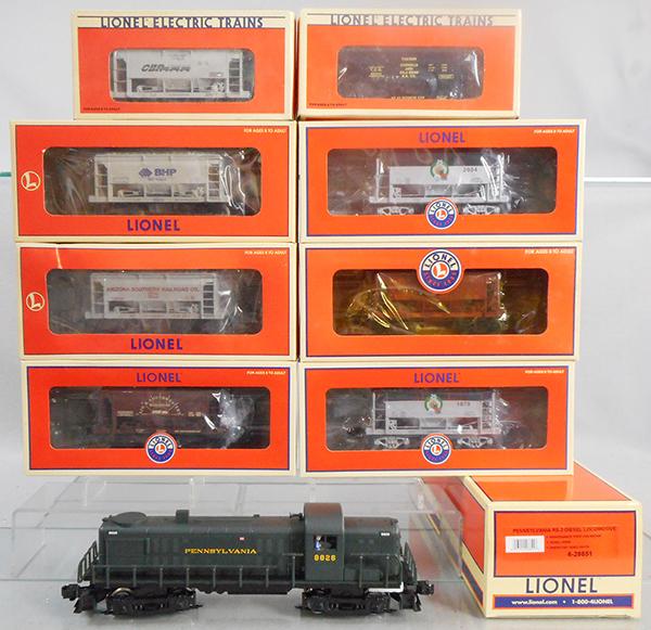 LIONEL TRAIN SET: O ga, 28851 PA RS-3 diesel, w/ore cars 52177, 52011, 52359, 52248, 52213, 52071, 52358, 52360, orig boxes & inserts, C8-9.