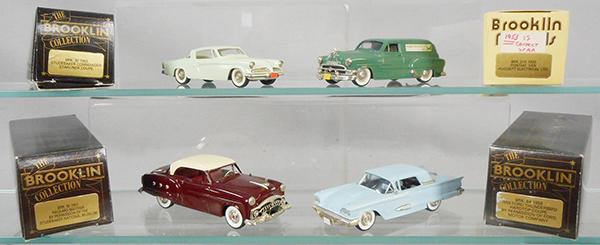 4 BROOKLIN AUTOS: BRK55 1951 Packard Mayfair, BRK31 1953 Pontiac Sedan, BRK64 1950 Ford Thunderbird, BRK32 1953 Studebaker Starline, orig boxes & inserts, C9.