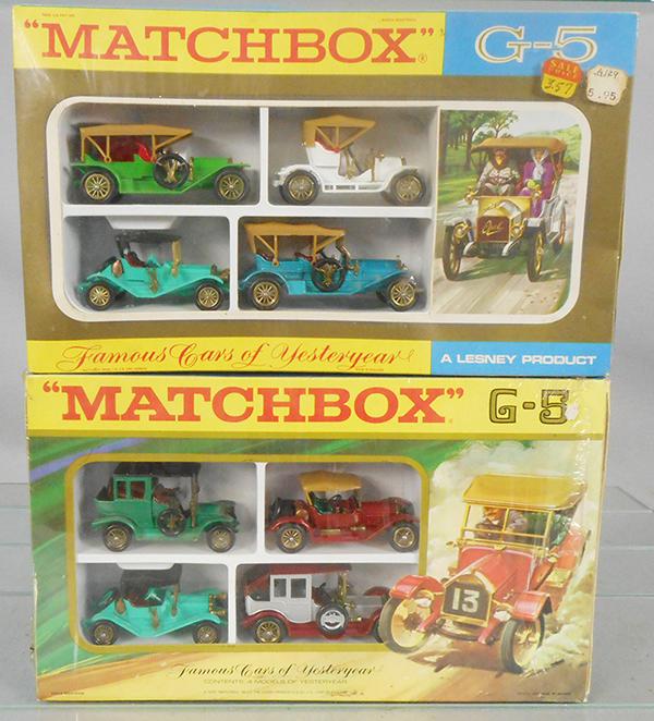 2 MATCHBOX G-5 GIFT SETS: Famous Cars of Yesteryear, top set factory sealed in orig shrinkwrap, bottom set partially sealed, C9-10.