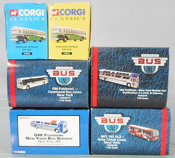 6 CORGI BUSES: 2 #54002, US54316, US54317, US54309, US54313, orig boxes & inserts minor wear, C8-9.