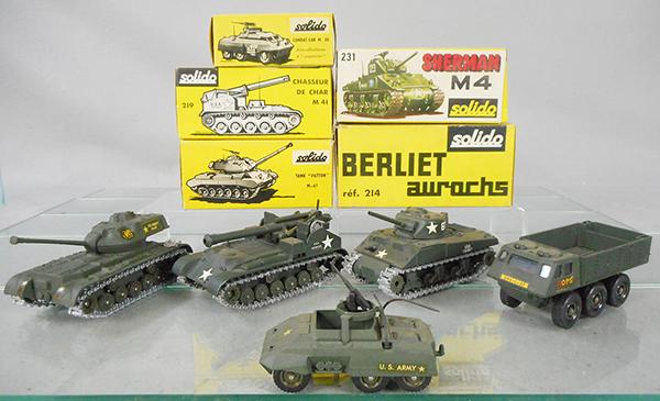 5 SOLIDO ARMY VEHICLES: 20 Combat Car, 219 Motorized Gun, 231 Sherman Tank, 214 Berliet Aurochs, 202 Patton Tank, missing some plastic antennas & guns, orig boxes minor wear, C8.