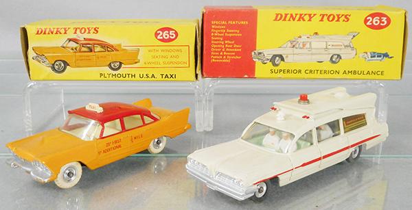 2 DINKY SERVICE VEHICLES: 265 Plymouth Taxi, orange, 263 Pontiac Superior Criterion Ambulance, white, w/patient, orig boxes minor wear, C7.