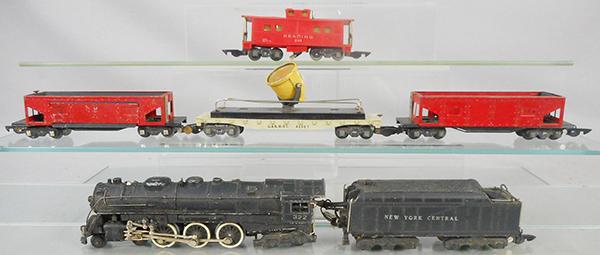 AMERICAN FLYER TRAIN SET: S ga, 322 Hudson loco & tender w/smoke & choo choo in tender, 1946 version, 2 brass buttons on bottom, 2 #716 operating hoppers, 934 searchlight, 630 Reading caboose, warped, all but 1 hopper have no-