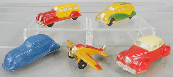 5 SUN RUBBER VEHICLES: SA07 Station Wagon, 3 3/4 in long, ST06 White Bus, 4 1/4 in long, SA02 DeSoto, 4 in long, SP03 Airplane, 3 in, SA03 Dodge, 4 1/2 in long, C8.