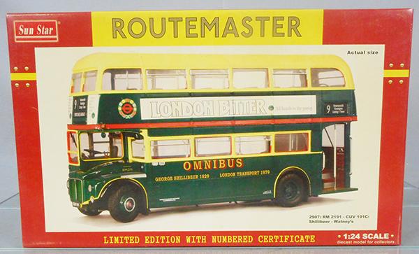 SUN STAR 2907 DOUBLE DECKER BUS: die cast, RM2191, 14 in long, orig box & insert minor wear, C10.