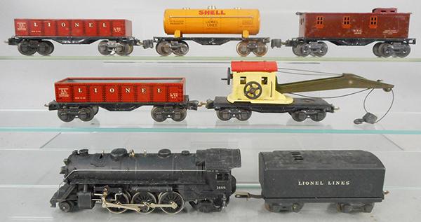 LIONEL TRAIN SET: O ga, 1666 loco, 1689T tender, 2660 crane, 2 #1677 gondolas, 1680 Shell tank, 1682 caboose, C5-7.