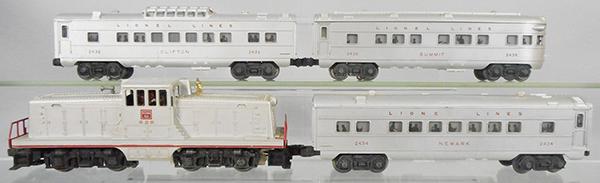 LIONEL TRAIN SET: O ga, 629 Burlington switcher, 2432 Clifton vista dome, 2434 Newark, 2436 obsv, C5-6.