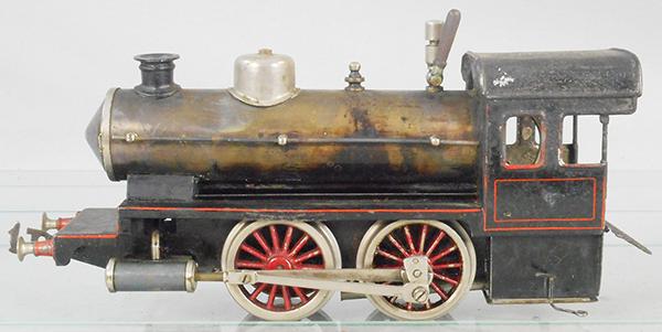 BING 11/24/1 LIVE STEM LOCO: 1 ga, handpainted tin, w/bare metal boiler, small dent on boiler side, front boiler plate opens, complete w/burner, Bing emblem on front step of loco, ca 1910, C5-6.