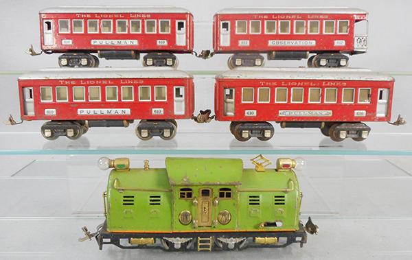 LIONEL TRAIN SET: O ga, 254 loco, converted to E unit, die cast wheels fatiguing, 3 #610 Pullmans, 612 obsv, wheels & couplers have surface oxidation, C5.