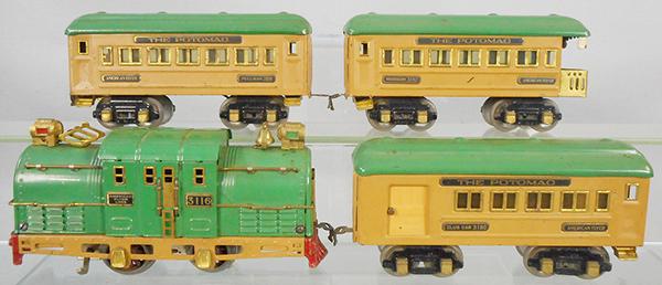 AMERICAN FLYER POTOMAC TRAIN SET: O ga, 3116 loco, die cast wheels & headlights fatigued, 3180 club car, 3181 Pullman, 3182 obsv, C6-7.