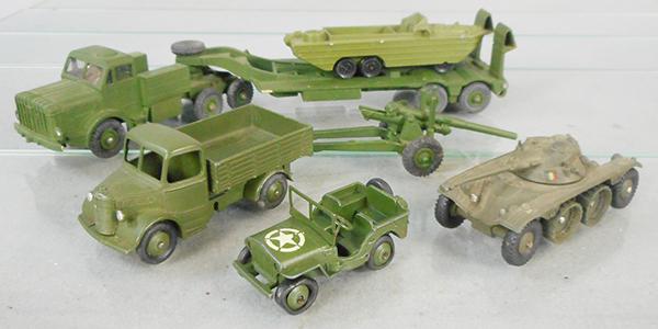 6 DINKY MILITARY VEHICLES: 25WM Bedford Truck, 80A Panhard Tank, 660 Thornycroft Mighty Antar Tank Transporter, 672G Jeep, 692G Medium Gun, 825F Dukw Amphibian, C7-8.