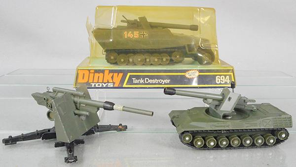3 DINKY TOYS: 694 Tank Destroyer, orig box minor wear, plastic yellowed & cracked, 692 Leopard Tank w/694 Cannon mounted on top, 656 middle section of Mobile Gun, C7-8.