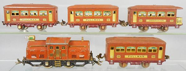 LIONEL TRAIN SET: O ga, 250 loco, missing pantagraph, 3 #529 Pullmans, 530 obsv, C4-6.