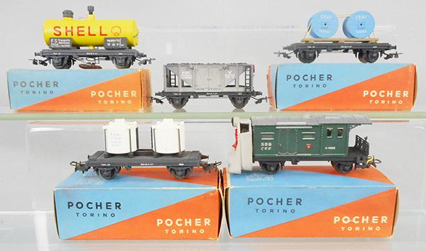 5 POCHER FREIGHT CARS: HO ga, 2-rail, 159 Shell, 164 hopper, 154 flat car, 153 wine car, 180 snow plow, 4 orig boxes only, minor wear, C8-9.