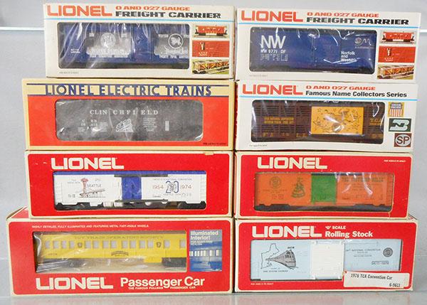 8 LIONEL TCA CARS: O ga, 9319, 9771, 16413, 7812-1977, 9864-1974, 9774-1975, 9611, w/TTOS 9512 coach, orig boxes minor wear, C8-9.
