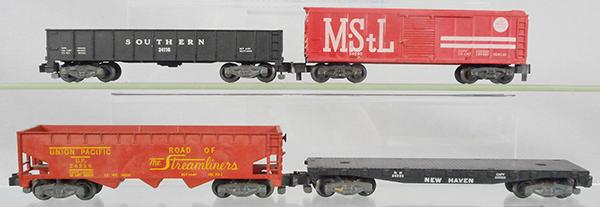 4 AMERICAN FLYER FREIGHT CARS: S ga, 24116 Southern gondola, 24060 M&StL box car, red is faded, 24216 UP hopper, 24559 New Haven flat car, C6-8.