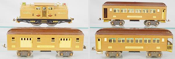 LIONEL TRAIN SET: std ga, 318E loco, w/Bild-A-Loco motor, headlights & wheels have minor fatigue, 310 baggage, 309 Pullman, missing 1 door, 3120 obsv, C7.