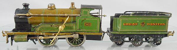 BING 3433 APOLLO LOCO & TENDER: O ga, loco is windup working, litho is faded, Great Western tender, C4-5.