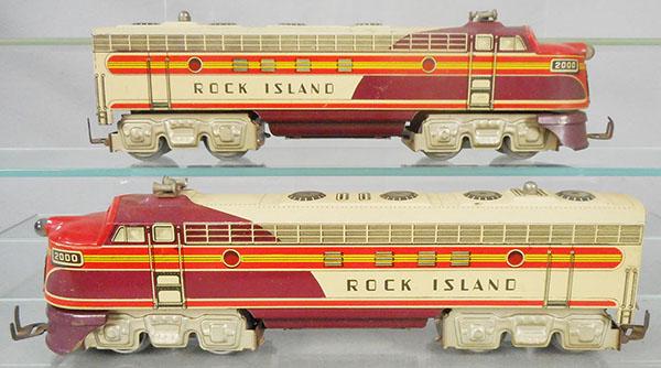 UNIQUE ART ROCK ISLAND DIESELS: O ga, litho tin, power A, dummy A has scratches on roof, C7.