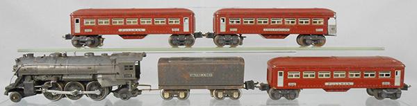 LIONEL TRAIN SET: O ga, 224E loco, 2683W tender, 2 #2642 Pullmans, 2643 obsv, some surface oxidation spots on wheels, C5-6.