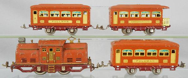 LIONEL TRAIN SET: O ga, 252 loco, roof scratched, 2 #529 Pullmans, 530 obsv, C5-7.