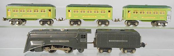 LIONEL TRAIN SET: O ga, 265E loco, die cast wheels swollen & won't turn, 265W tender, 2 #607 Pullmans, 608 obsv, orig boxes rough, C7.