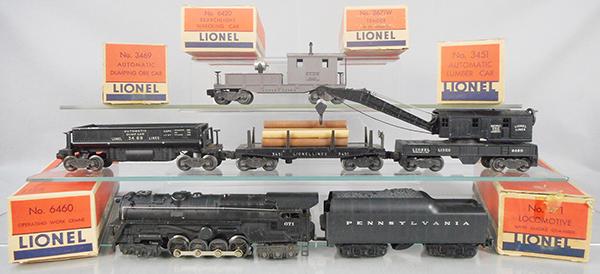 LIONEL TRAIN SET: O ga, 2671 turbine loco, 2671W Pennsylvania tender, silver-lettered, 3469 dump car, 3451 log dump, 6460 crane, 6420 searchlight caboose, orig boxes & inserts, loco box missing 1 end, C7-8.