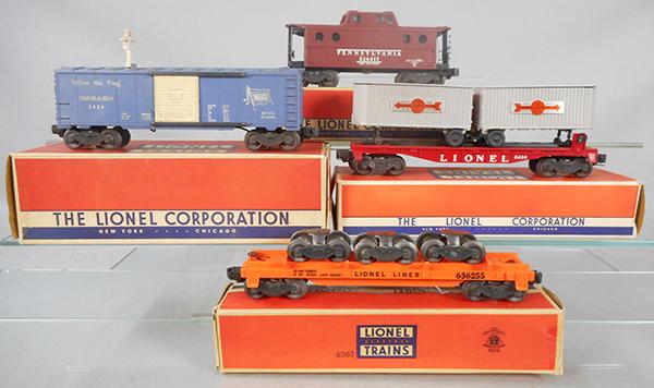 4 LIONEL FREIGHT CARS: O ga, 6417 caboose, 3424 brakeman car, 6430 trailer flat car, 6362 rail truck car, orig boxes minor wear, C7-8.