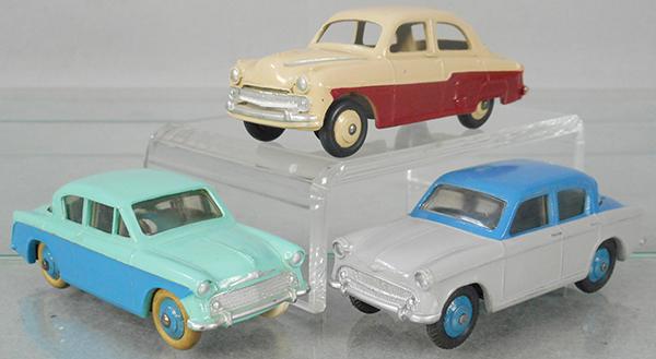 3 DINKY AUTOS: 166 Sunbeam Rapier, turquoise & blue, 164 Vauxhall Cresta, dark cream & maroon, 175 Hillman Minx, blue & gray, C7-8.