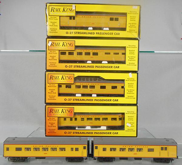 6 MTH UNION PACIFIC CARS: O ga, 6030 baggage, 6031 coach, 6032 vista dome, 6033 obsv, orig boxes minor wear, 1 worn, w/6034 combine/diner set, no orig box, C7-8.