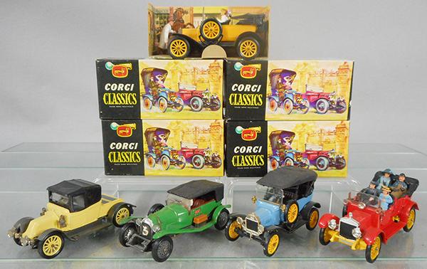 5 CORGI CLASSICS: 9012 & 9013 Fords, 9032 Renault, 9021 Daimler, these with orig boxes, 9001 Bentley, no orig box, C8.