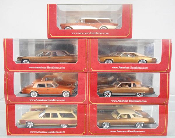 7 AMERICAN EXCELLENCE AUTOS: 44800 Buick, 44425 Buick, 44120 Cadillac, 44795 Chrysler, 44628 Pontiac, 44795 buick, 43545 Buick, orig boxes & inserts minor wear, 1 sleeve torn, C9.