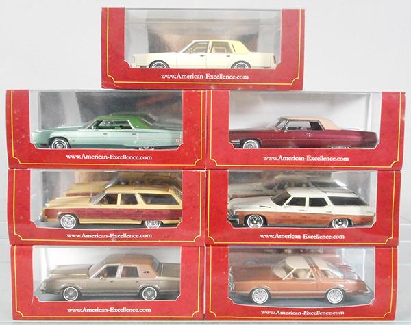7 AMERICAN EXCELLENCE AUTOS: 43540 Lincoln, 43495 Chrysler, 44065 Chrysler, 44413 Lincoln, 44420 Cadillac, 44413 Buick, 43555 Ford, orig boxes & inserts, C9.