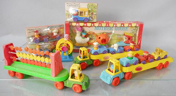 TOOTSIETOY PLAYMATES MOTHER GOOSE SET: Kenny's Kennel, Hoky Smoky, Farmer Jones, factory sealed in shrinkwrap, Alphabet Truck, 2 Car Carriers, Ferris Wheel, C5-10.