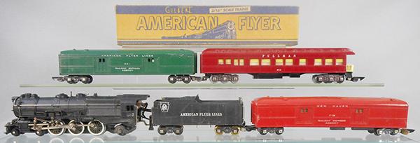 AMERICAN FLYER TRAIN SET: S ga, 312 Pacific loco & tender w/smoke & choo choo, 651 baggage, 718 Mail Pick Up, 654 obsv w/orig box, C6-7.