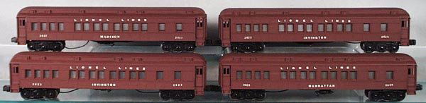 4 LIONEL MADISON CARS: O ga, 2627 Madison, 2625 Irvington, 2623 Irvington, 2628 Manhattan, all are restored, C8.