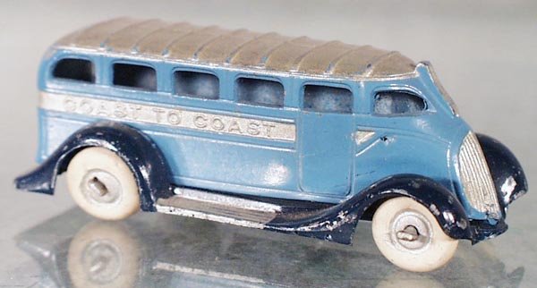 BARCLAY 405 COAST TO COAST BUS: blue, silver & black, 3 in long, C7-8.