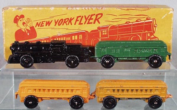 NEW YORK FLYER TRAIN SET: by M&L Toy Co., slush die cast, all pieces are 4 1/4 in long, orig box minor wear, C8.