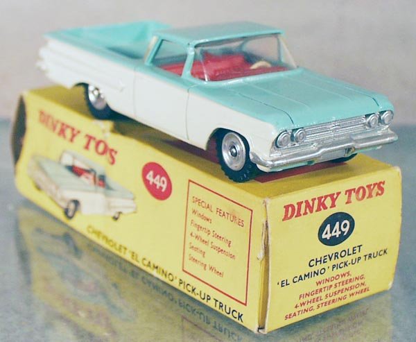DINKY 449 EL CAMINO PICK UP: turquoise & ivory, orig box rough, C7-8.