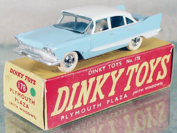 DINKY 178 PLYMOUTH PLAZA: blue & white, orig box has incorrect color dot, C8.